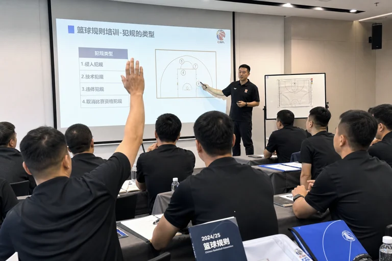 足球裁判培训场景，讲师与学员围绕判罚标准交流